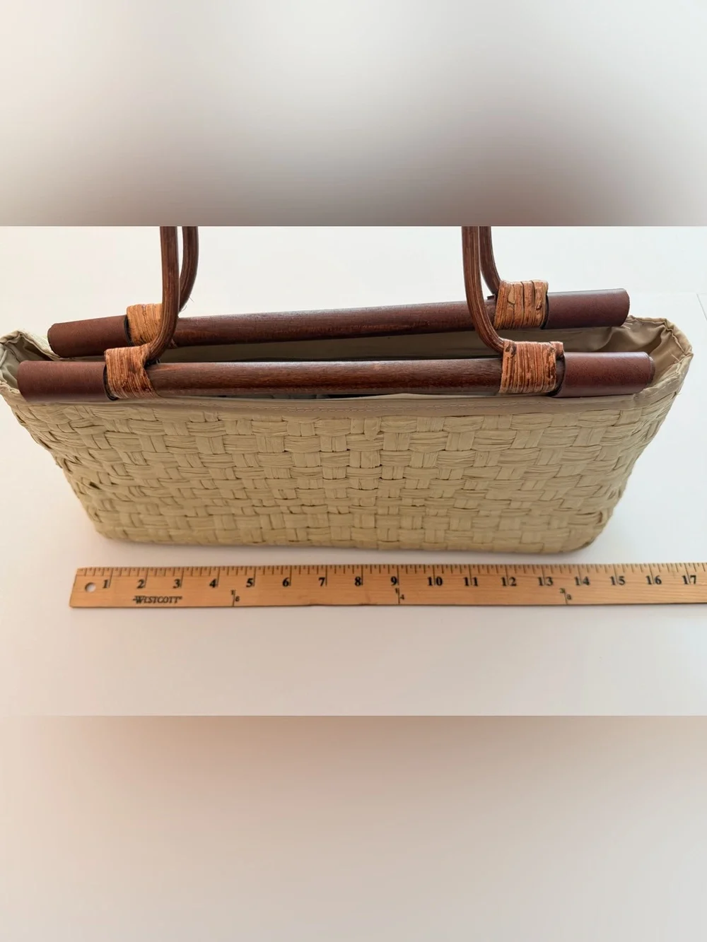 Jessica McClintock Vintage Woven Straw Bamboo Handle Handbag Coastal Summer Bag